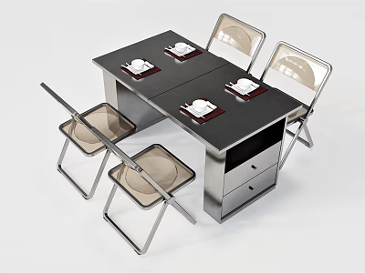 Modern Dining Table Set With Square Black Tabletop Silver Drawers And Metal Frame Chairs 3d model