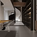 Modern Spacious Duplex Living Room With Round Coffee Table Blue Armchair Fireplace And Spiral Staircase