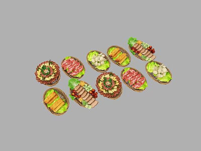 Assorted Food Platters With Various Meats Fresh Vegetables And Decorative Garnishes 3d model