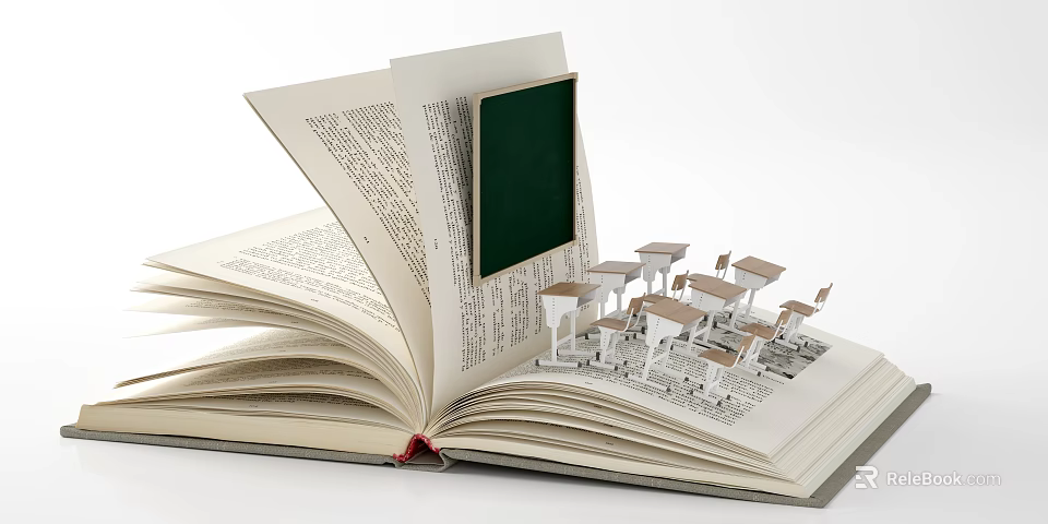 Cartoon Classroom Scene With Blackboard Desks And Chairs In Open Book 3d model 