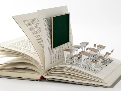 Cartoon Classroom Scene With Blackboard Desks And Chairs In Open Book 3d model