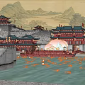Ancient Chinese Architecture With Traditional Lanterns Red Decorations And Mountain Landscape