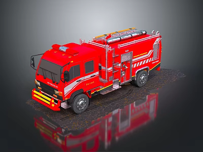 Red Fire Truck With Ladder And Firefighting Equipment On Dark Surface 3d model
