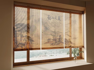 Natural Bamboo Window Blinds With Scenic Outdoor View And Potted Plant 3d model