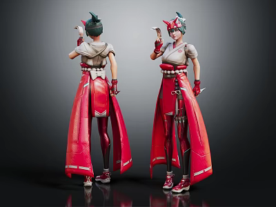 Two Fantasy Characters In Red Outfits With Green Headdress And Mythical Creature Features 3d model