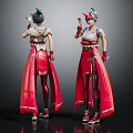 Two Fantasy Characters In Red Outfits With Green Headdress And Mythical Creature Features