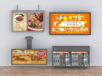 Advertising Billboards Displaying Food Images Promotional Offers Menu Lists And Time Temperature 3d model