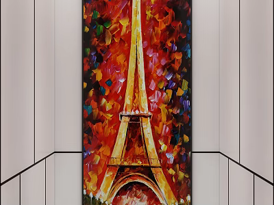 Vibrant Abstract Eiffel Tower Painting With Colorful Brush Strokes On Interior Wall 3d model