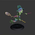 Witch Character Riding Broomstick Holding Magic Wand Black Hat Colorful Pants
