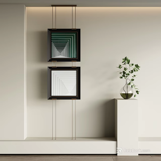 Modern Interior Featuring Hanging Square Geometric Paintings And Green Plant On White Pedestal 3d model 