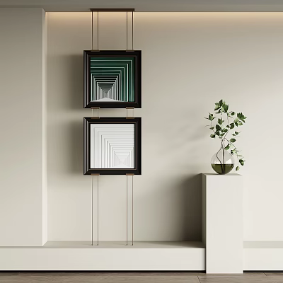 Modern Interior Featuring Hanging Square Geometric Paintings And Green Plant On White Pedestal 3d model