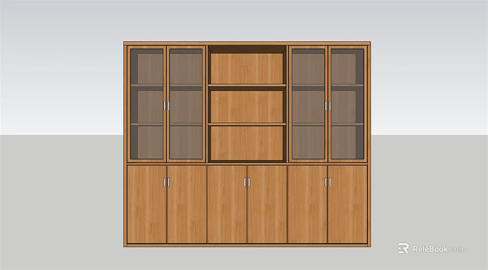 Wooden Storage Cabinet with Glass Doors Open Shelves and Solid Wood Storage Compartments 3d model 