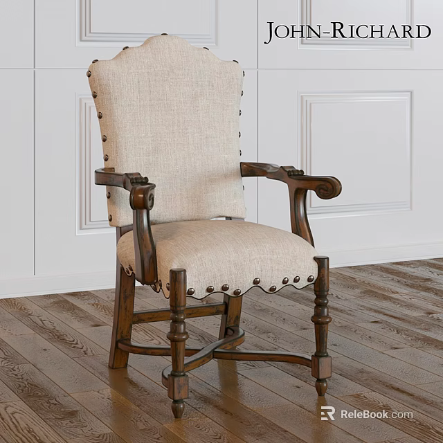 Beige Fabric Upholstered Chair Featuring Dark Wooden Arms Rivet Decorations On White Wall Wooden Floor 3d model 