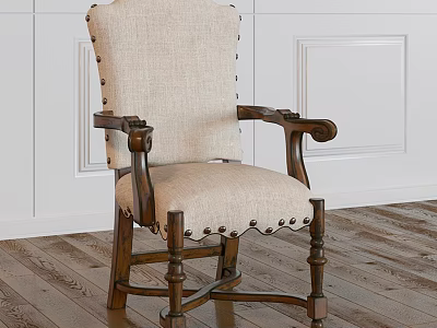 Beige Fabric Upholstered Chair Featuring Dark Wooden Arms Rivet Decorations On White Wall Wooden Floor 3d model