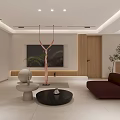 Modern Basement Interior Design With Red Sofas Round Mirror And Decorative Plant 3d model