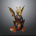 Mythical Golden Horned Dragon Statue in Colorful Traditional Attire with Decorative Wings