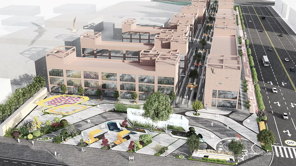 Scenic Urban Park Landscape With Red Brick Buildings Greenery And Pedestrian Walkways 3d model 
