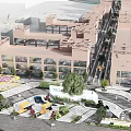 Scenic Urban Park Landscape With Red Brick Buildings Greenery And Pedestrian Walkways