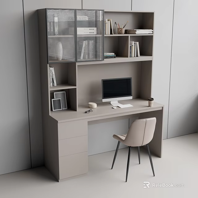 Modern Home Office Desk Chair Set With Bookshelf Storage And Computer In Neutral Tones 3d model 