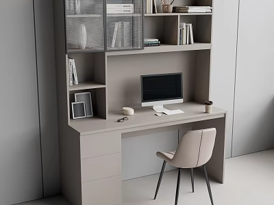 Modern Home Office Desk Chair Set With Bookshelf Storage And Computer In Neutral Tones 3d model