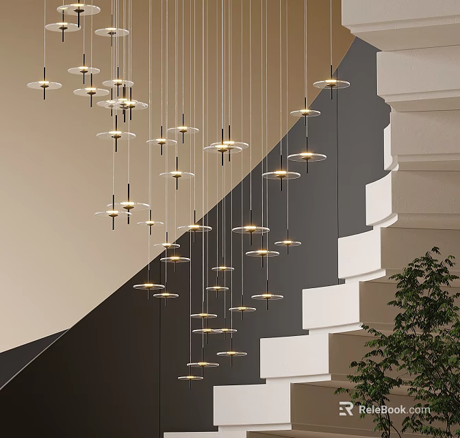 Modern Geometric Chandeliers Hanging Over Staircase With Grey White Walls And Green Plant 3d model 