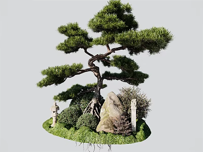 Bonsai Pine Tree Garden Ornament With Rocks Small Shrubs And Stone Pillars 3d model