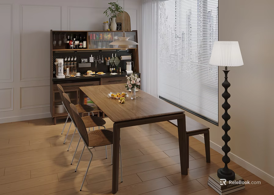 Walnut Dining Table Set with Wooden Chairs Sideboard Cabinet and Floor Lamp in Bright Room 3d model 