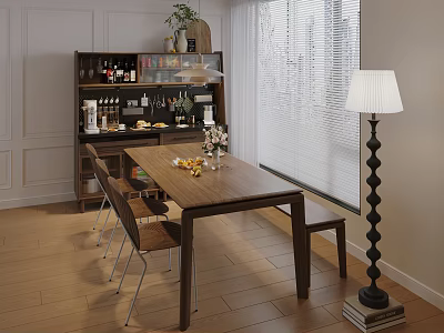 Walnut Dining Table Set with Wooden Chairs Sideboard Cabinet and Floor Lamp in Bright Room 3d model