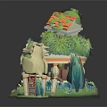 Cartoon Style Treehouse Scene With Green Plants Ladder And Small Structures