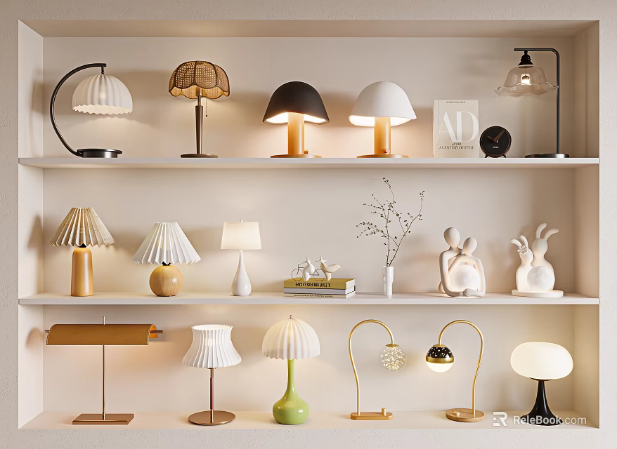 Various Design Table Lamps On Shelf Display With Modern Styles And Decorative Items 3d model