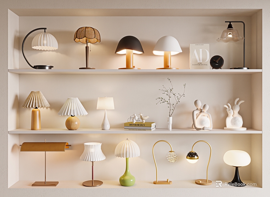 Various Design Table Lamps On Shelf Display With Modern Styles And Decorative Items 3d model 