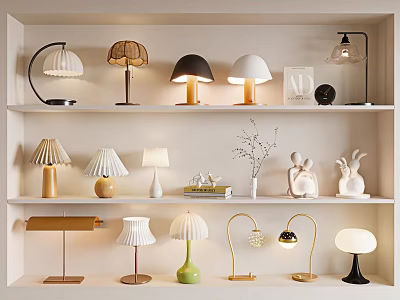 Various Design Table Lamps On Shelf Display With Modern Styles And Decorative Items 3d model
