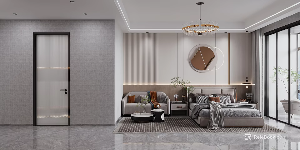 Modern Hotel Room Interior With Gray Walls Striped Decor Round Mirror Chandelier Sofa And Bed 3d model 