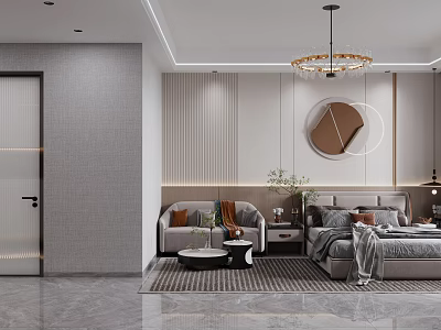 Modern Hotel Room Interior With Gray Walls Striped Decor Round Mirror Chandelier Sofa And Bed 3d model