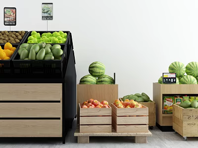 Display Shelves with Fresh Fruits Vegetables Watermelons Apples Zucchinis in Wooden Crates and Price Tags 3d model