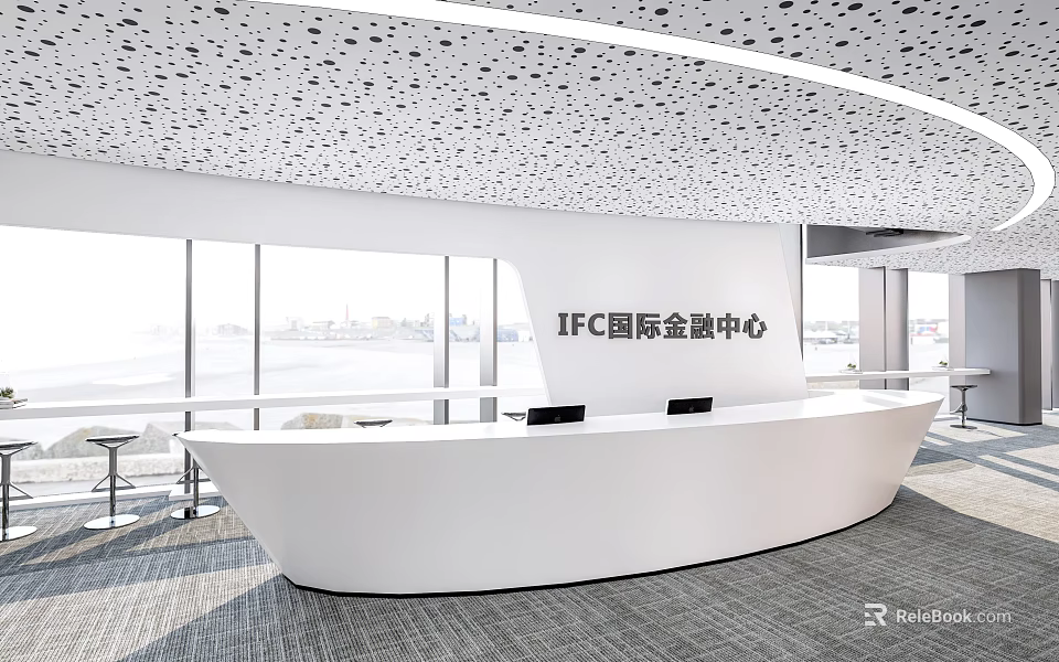 Modern White Reception Desk In IFC International Finance Center Lobby With Large Windows 3d model 