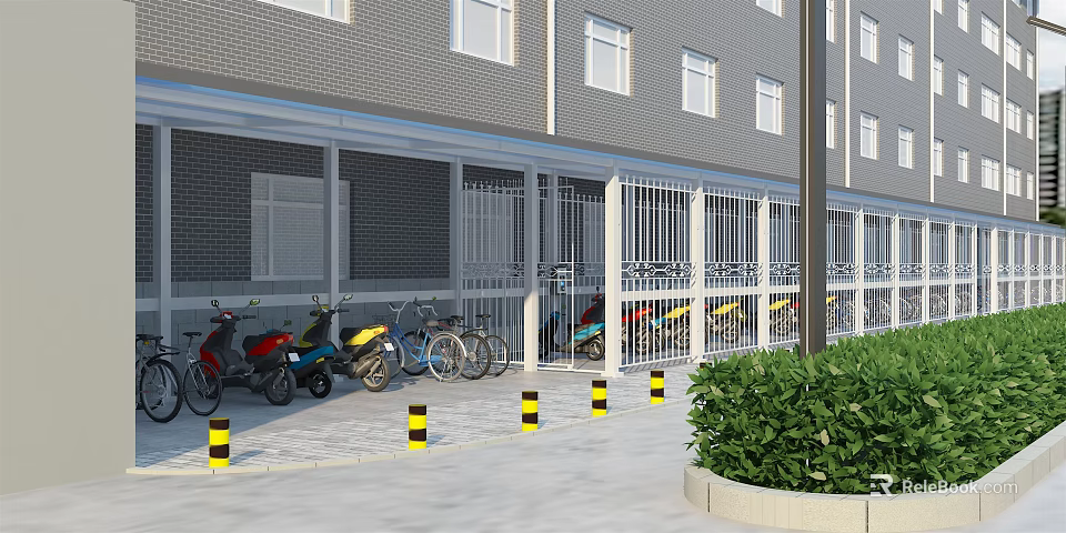 Building Ground Floor Awning For Motorcycle And Bicycle Parking With Safety Bollards And Green Shrubs 3d model 
