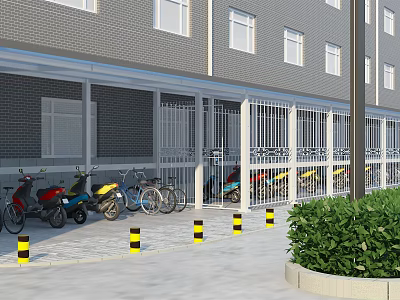 Building Ground Floor Awning For Motorcycle And Bicycle Parking With Safety Bollards And Green Shrubs 3d model