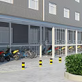 Building Ground Floor Awning For Motorcycle And Bicycle Parking With Safety Bollards And Green Shrubs