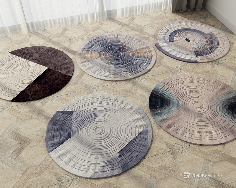 Stylish Round Rugs With Various Patterns In Room 3d model 
