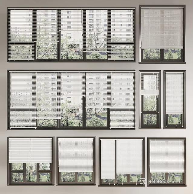 Various Window Blinds Styles Fitted On Different Home Window Types 3d model