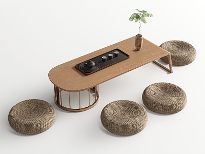 New Chinese Tea Table and Chair Combination Tea Table Tatami Futon Cushion Tea Set Floriculture 3d model