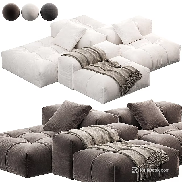 Modern Modular Sofa In White And Gray With Tufted Design Plush Cushions And Throw Blanket 3d model 