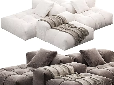 Modern Modular Sofa In White And Gray With Tufted Design Plush Cushions And Throw Blanket 3d model