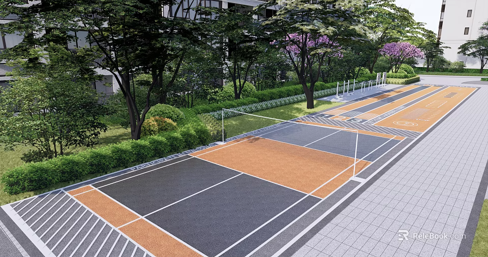 Firefighting Access Area With Green Plants Trees And Colored Pavement White Lines 3d model