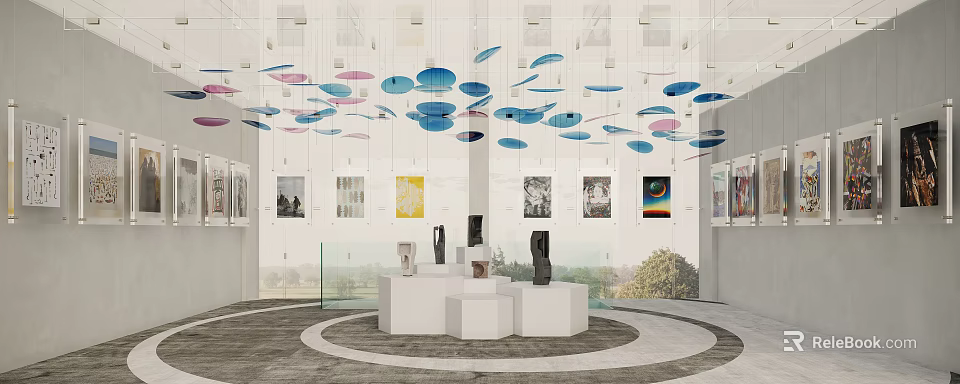 Modern Art Gallery Interior With Colorful Hanging Decorations White Pedestals Sculptures And Paintings 3d model 