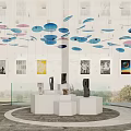 Modern Art Gallery Interior With Colorful Hanging Decorations White Pedestals Sculptures And Paintings