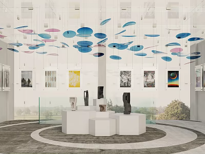 Modern Art Gallery Interior With Colorful Hanging Decorations White Pedestals Sculptures And Paintings 3d model