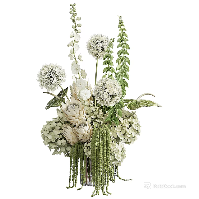 Elegant White Flowers in Glass Vase with Hydrangea Lotus-like Blooms Green Leaves Hanging 3d model 