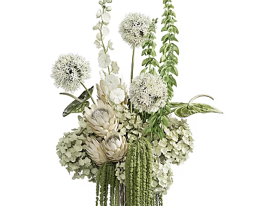 Elegant White Flowers in Glass Vase with Hydrangea Lotus-like Blooms Green Leaves Hanging 3d model